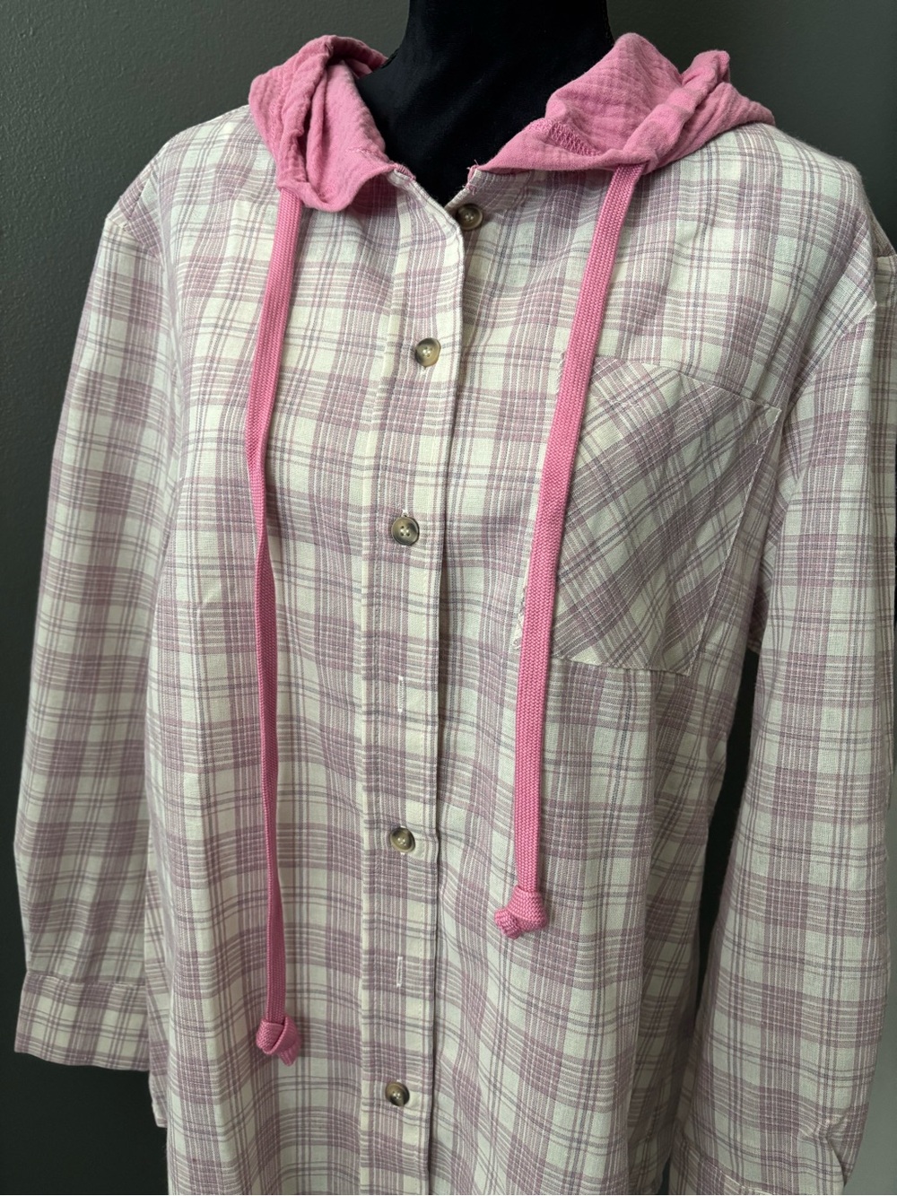 Women's Pink Plaid Hooded Shirt-Lightweight - Picture 3 of 3